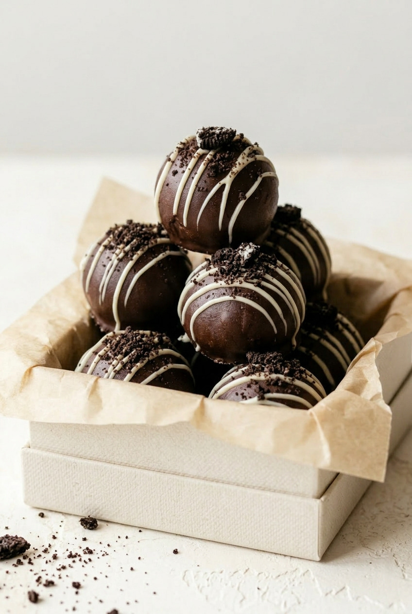 Oreo Cookie Balls served in a white bowl with a glass of milk