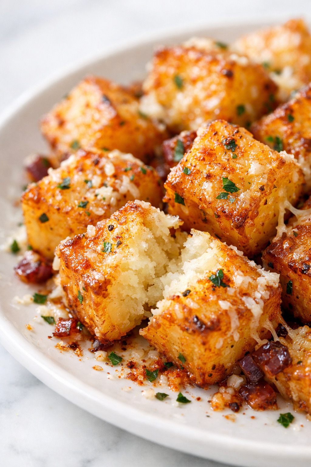 Closeup of crispy parmesan breakfast potatoes showing melted cheese and seasoning detail