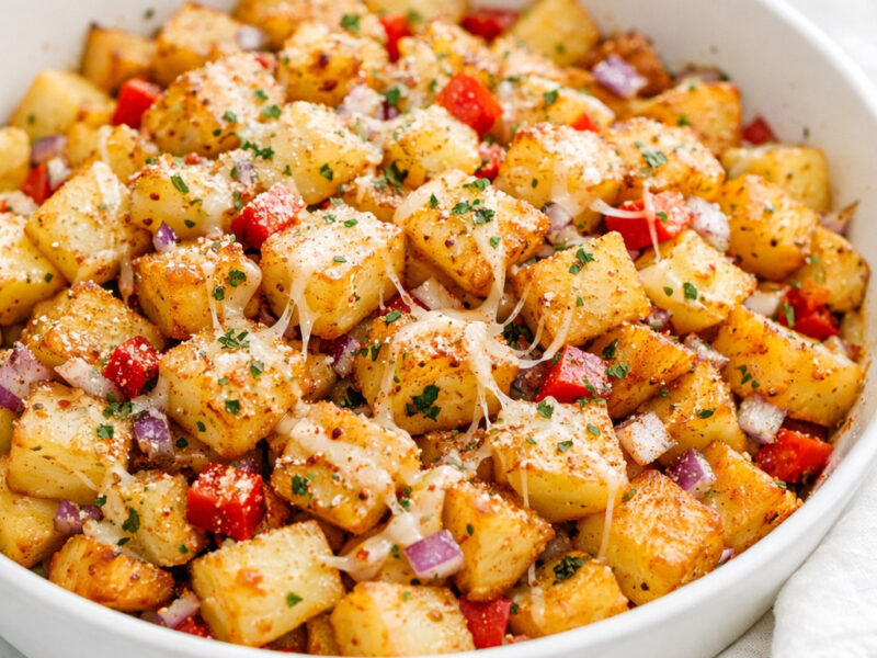 Parmesan breakfast potatoes with crispy golden edges and melted cheese in a white skillet