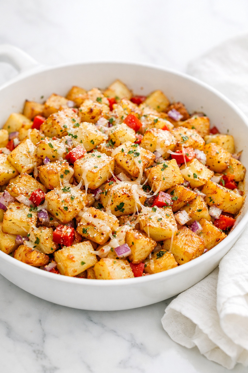 Parmesan breakfast potatoes with crispy golden edges and melted cheese in a white skillet