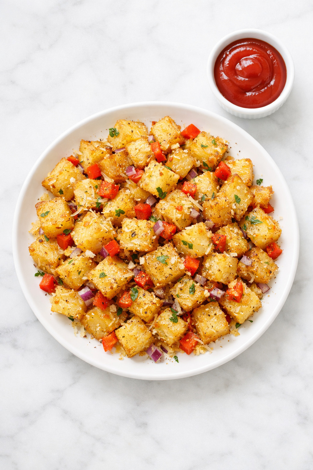 Overhead view of parmesan breakfast potatoes showing golden crispy texture and red pepper pieces