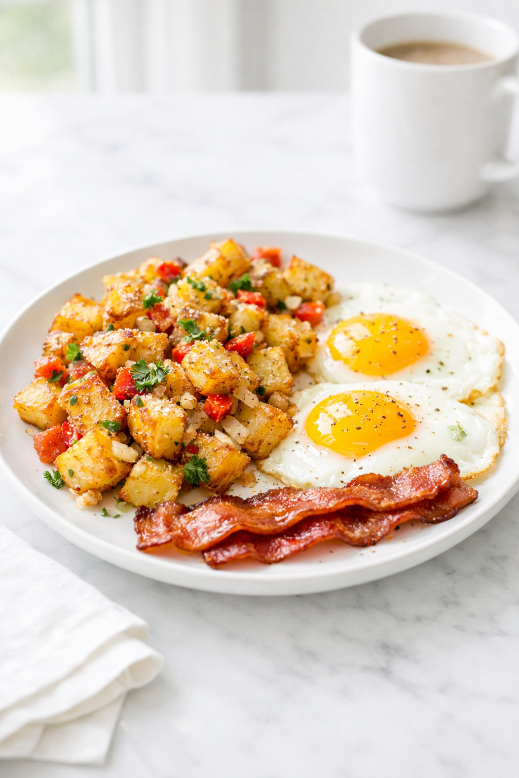 Parmesan breakfast potatoes served on a white plate with sunny-side-up eggs and bacon