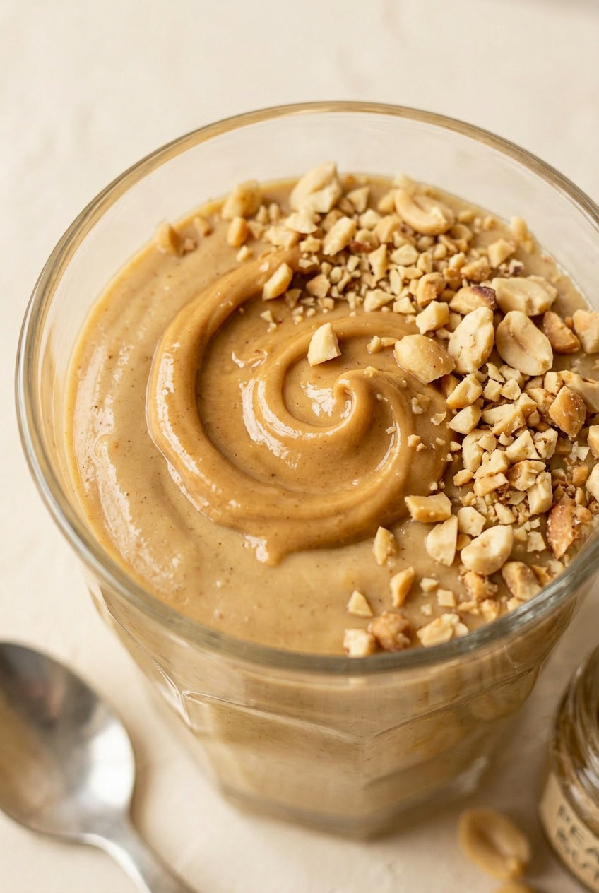 Close-up of a spoonful of thick creamy peanut butter pudding