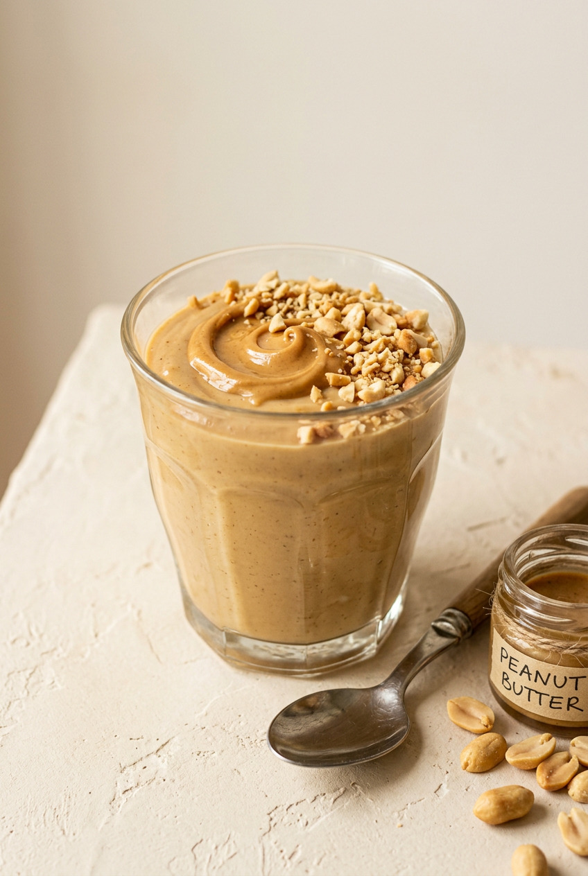 Creamy peanut butter pudding in a glass dessert cup topped with whipped cream and crushed peanuts