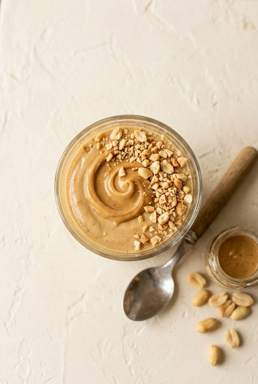 Overhead view of multiple peanut butter pudding cups with different toppings