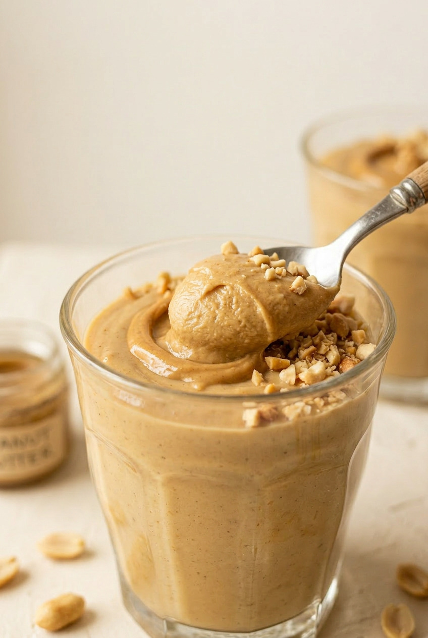 Peanut butter pudding served with Nutter Butter cookies on a white plate