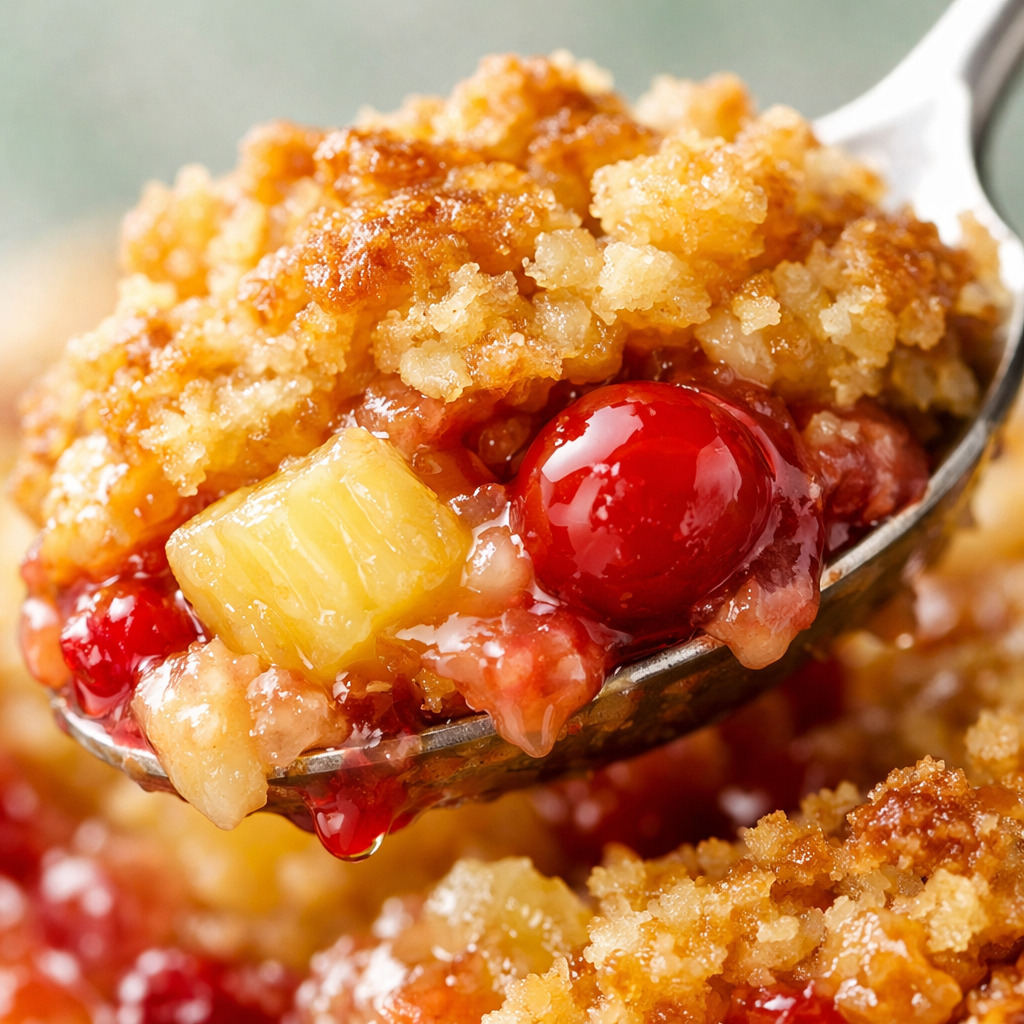 Closeup of pineapple dump cake being scooped showing golden topping and filling
