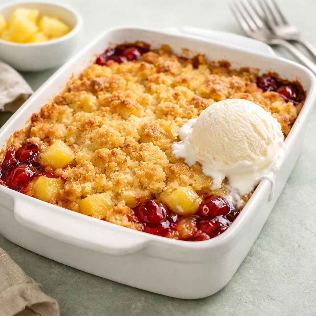 Pineapple dump cake in white baking dish with golden crispy topping and vanilla ice cream