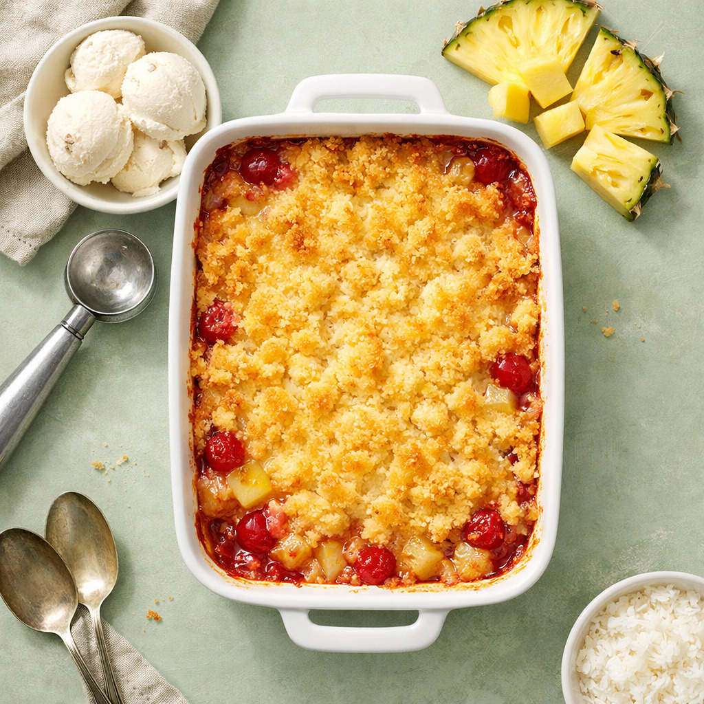 Overhead view of pineapple dump cake with golden topping and fruit filling