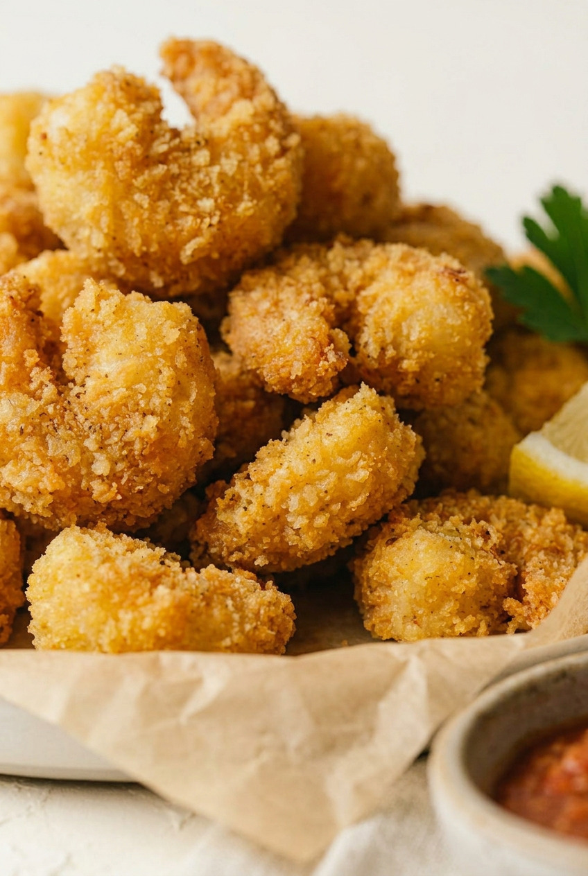 Close-up of crispy golden popcorn shrimp coating