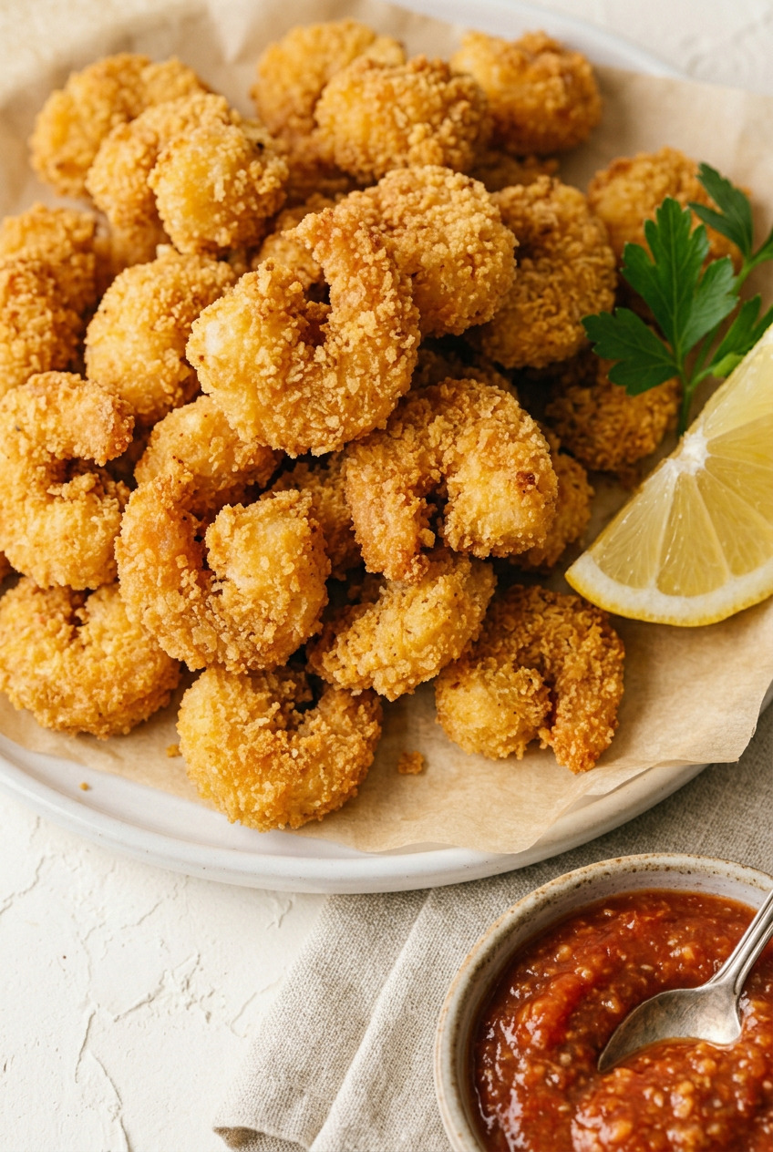Crispy popcorn shrimp in a white ceramic bowl with cocktail sauce