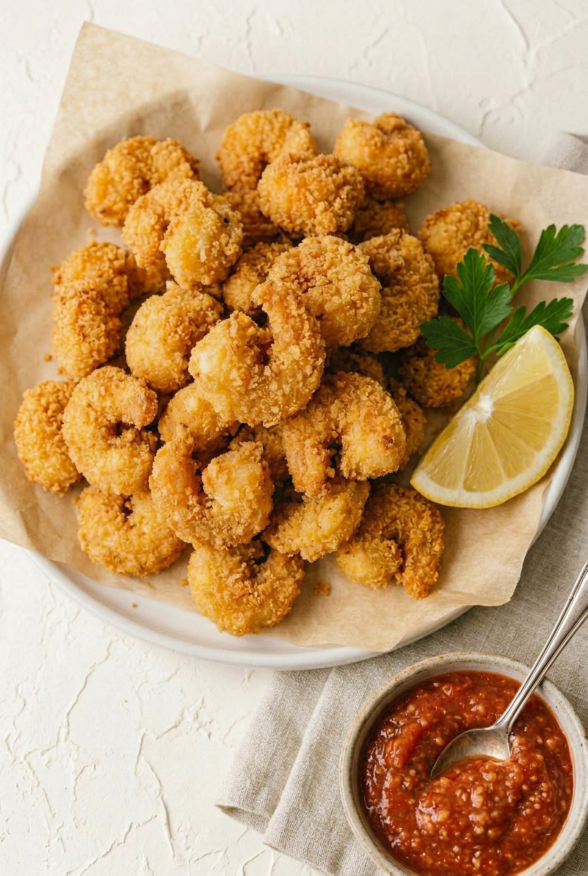 Overhead view of popcorn shrimp spread with dipping sauces