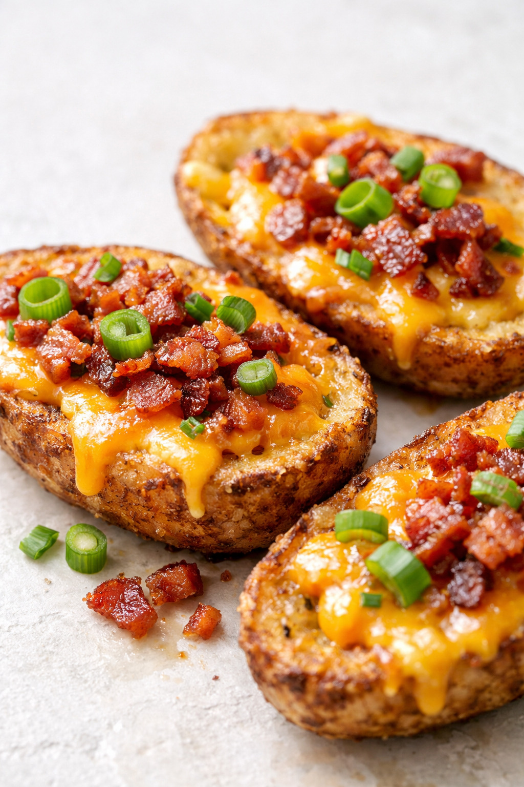 Extreme closeup of a potato skin showing melted cheese pull