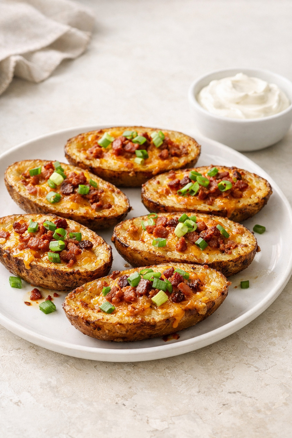 Crispy loaded potato skins with melted cheddar, bacon and green onions