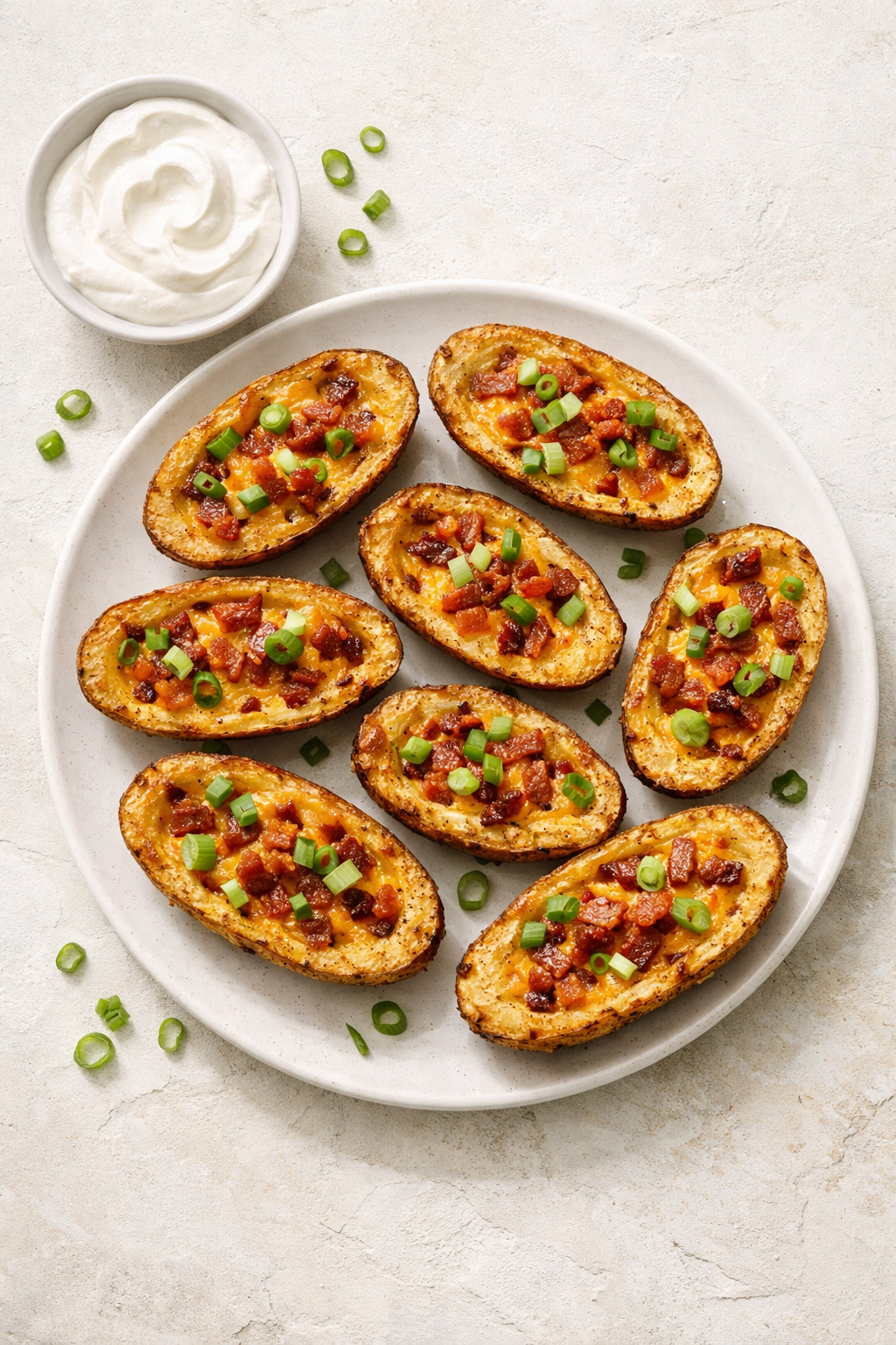Overhead view of potato skins arranged on a wooden board