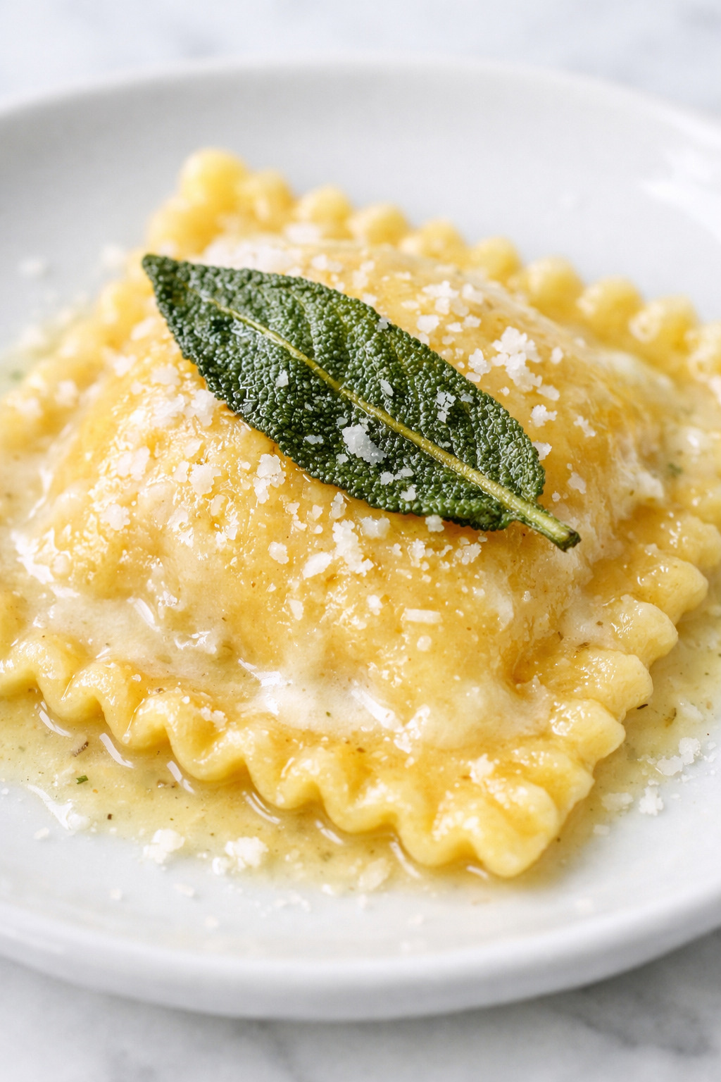 Close up of pumpkin ravioli showing crimped edges and cream sauce