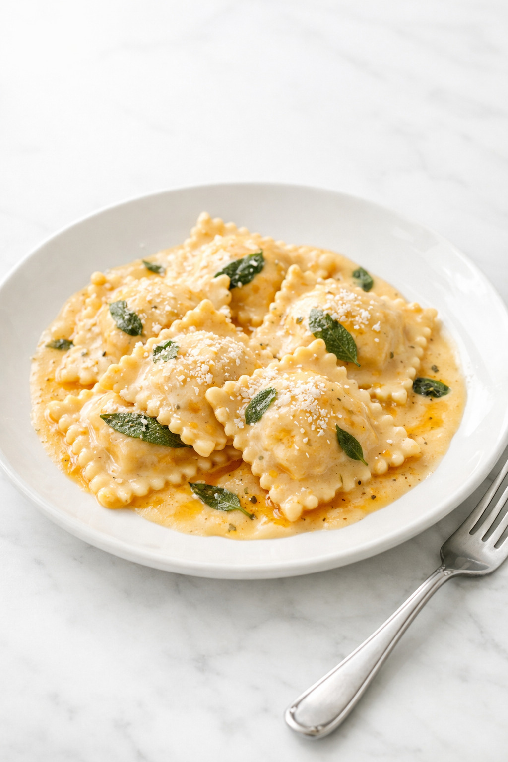 Creamy pumpkin ravioli on a white plate with sage brown butter sauce