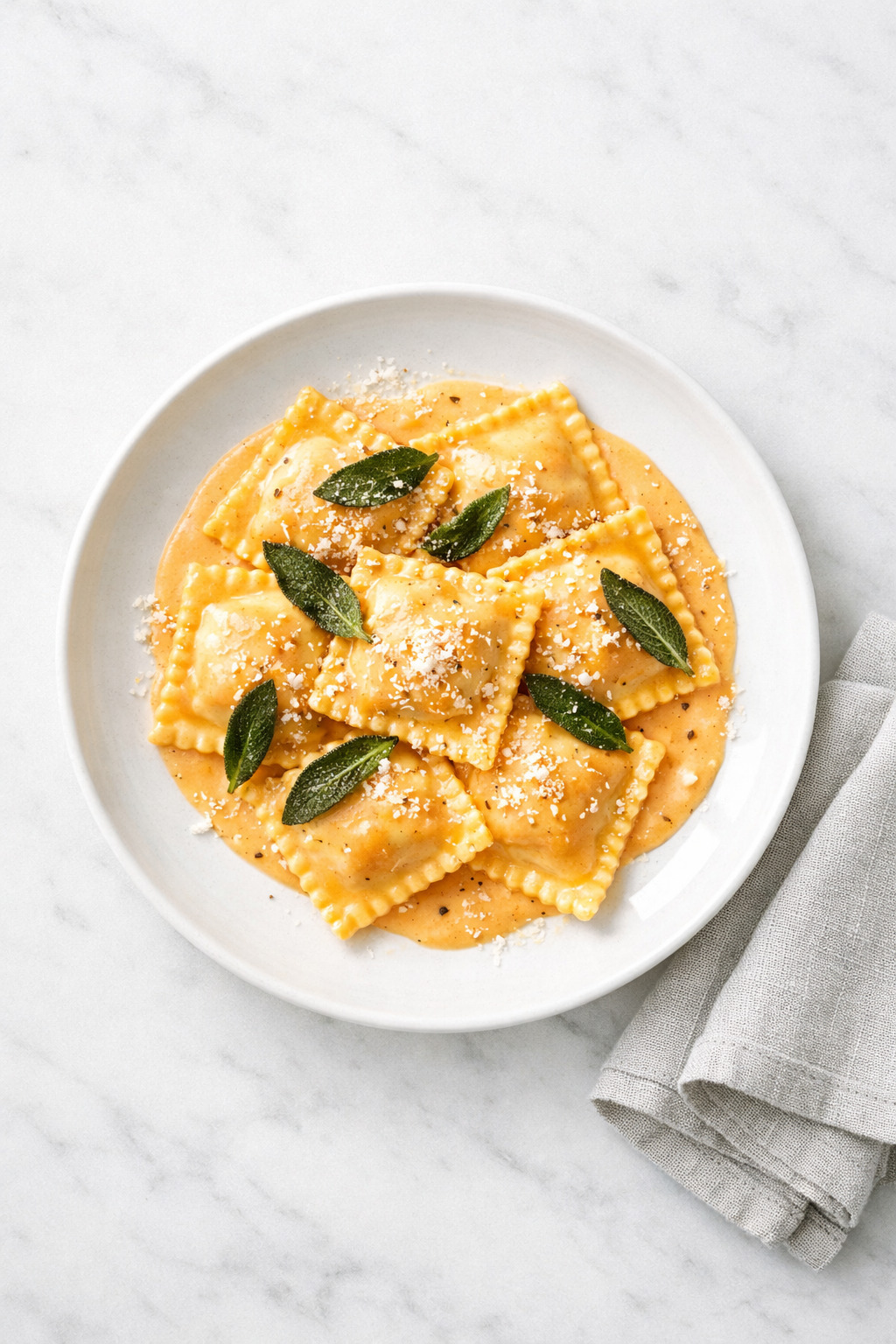 Overhead view of creamy pumpkin ravioli with sage and Parmesan
