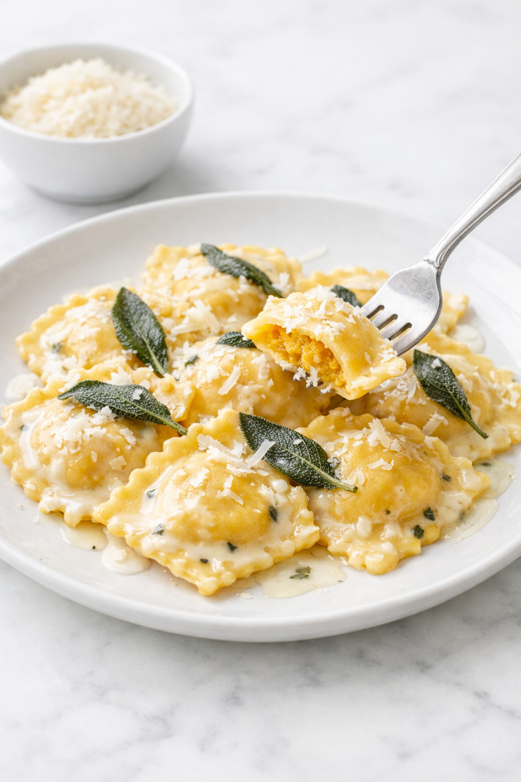 Plated serving of creamy pumpkin ravioli ready to eat