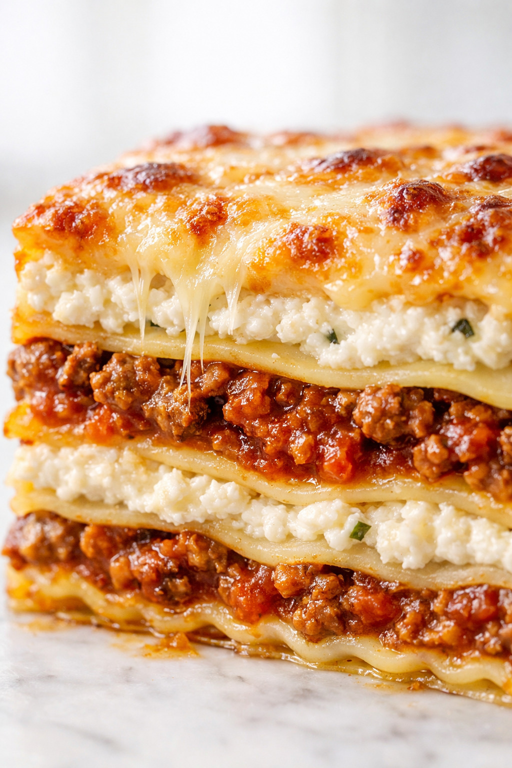 Closeup of ragu lasagna showing cheesy layers with meat sauce and ricotta