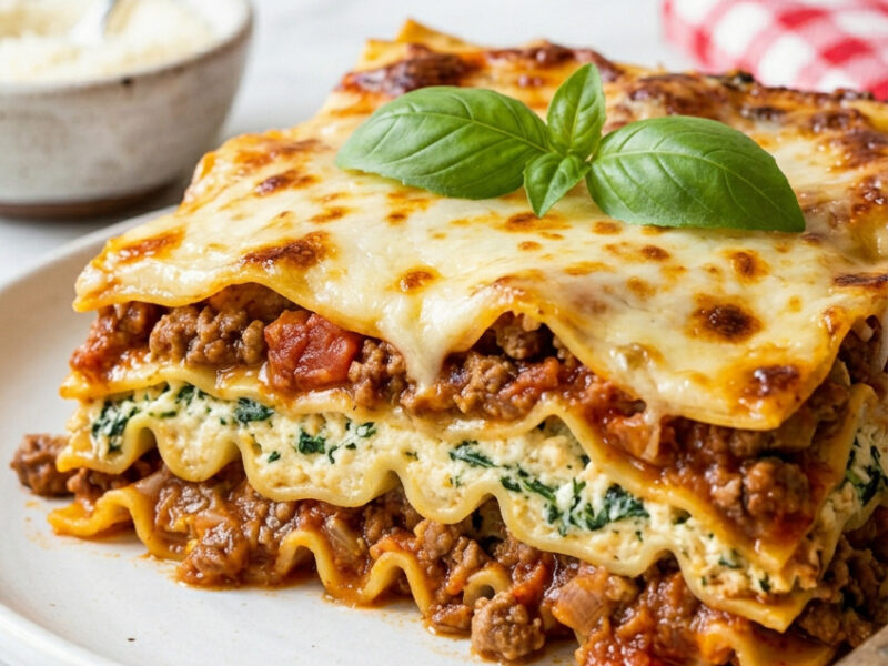 Freshly baked ragu lasagna with golden brown cheese in white ceramic dish