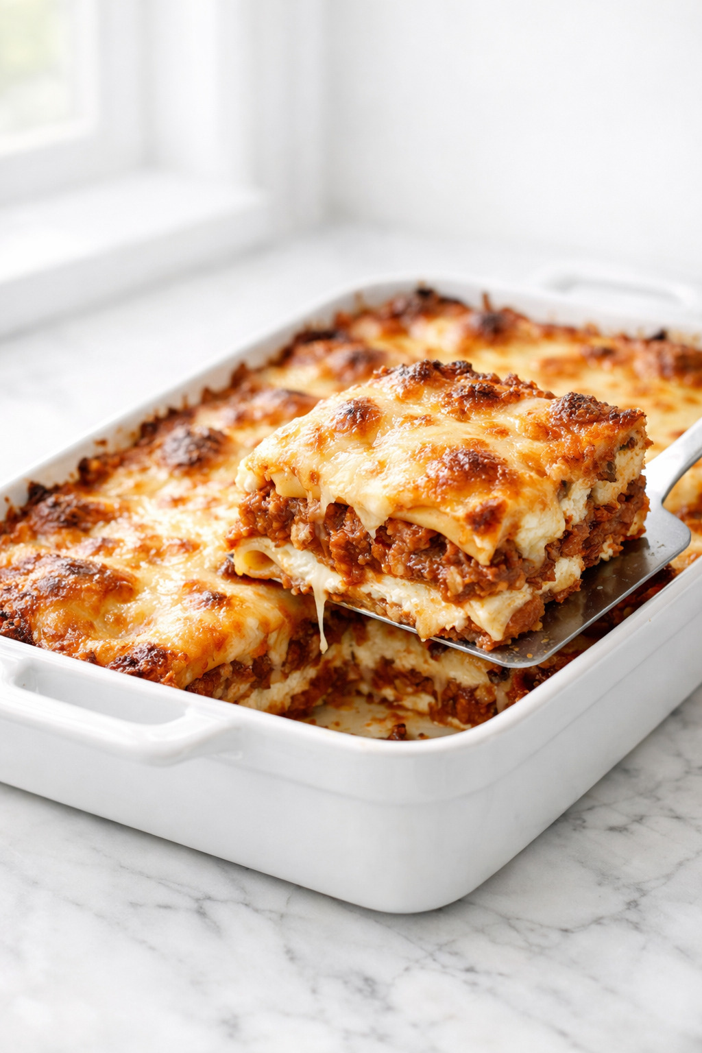 Baked ragu lasagna in a white ceramic baking dish with golden bubbly cheese on top
