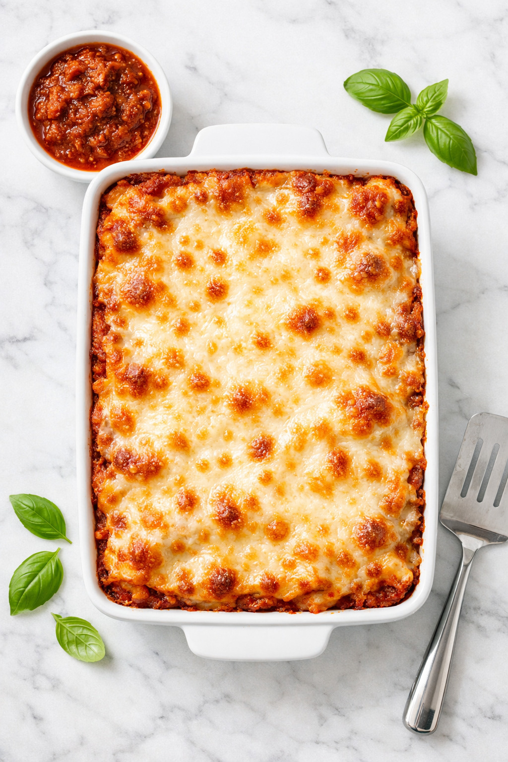 Overhead view of a baked ragu lasagna in a white baking dish on white marble