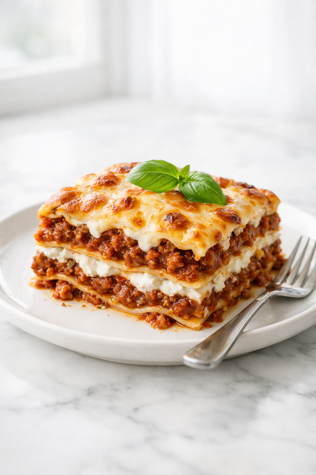 A plated serving of ragu lasagna with distinct layers on a white ceramic plate