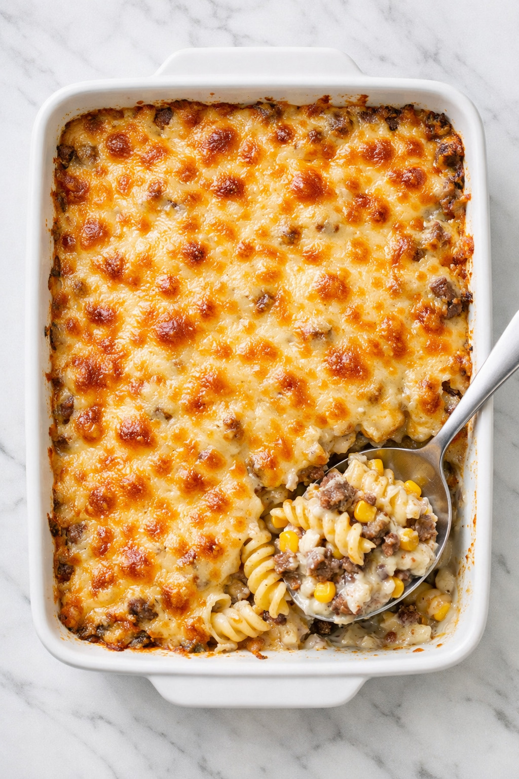 Overhead view of ranch rotini bake showing golden melted cheese and corn