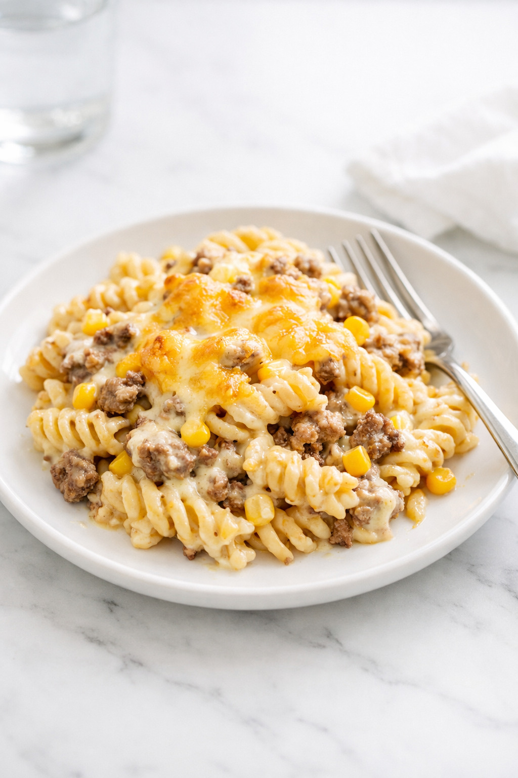 A serving of cheesy ranch rotini bake on a white plate with a fork