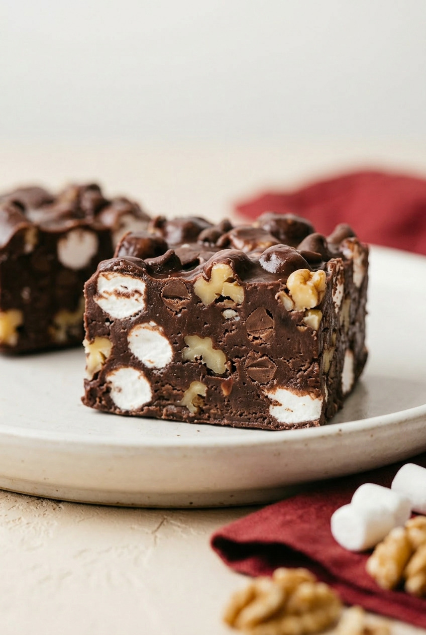 Closeup of rocky road fudge showing marshmallows and almonds inside
