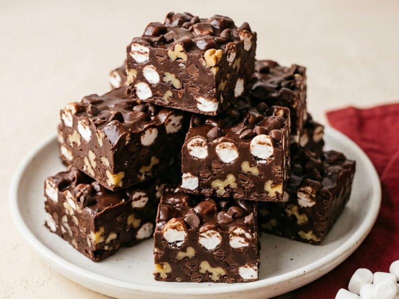 Rocky road fudge squares with marshmallows and almonds on slate board