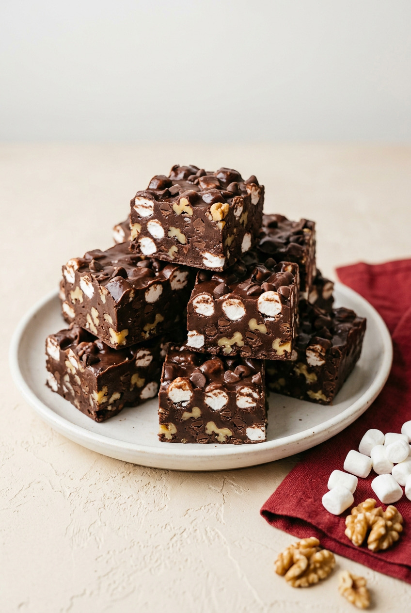 Rocky road fudge squares with marshmallows and almonds on slate board
