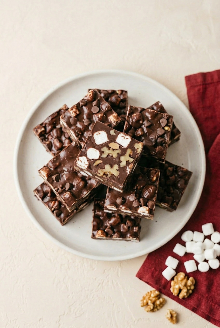 Overhead view of rocky road fudge squares on white marble board
