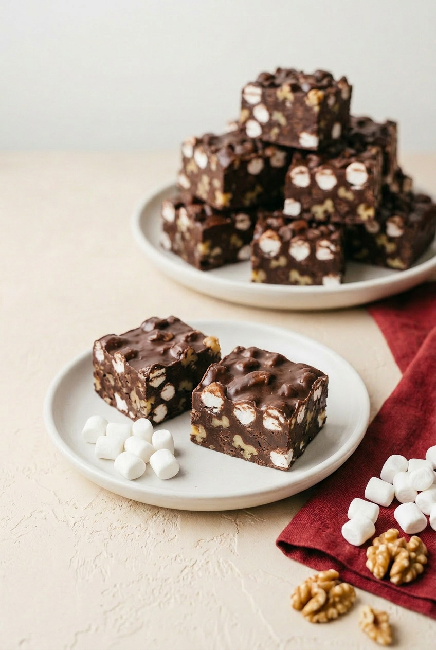 Rocky road fudge squares served on black cast iron plate