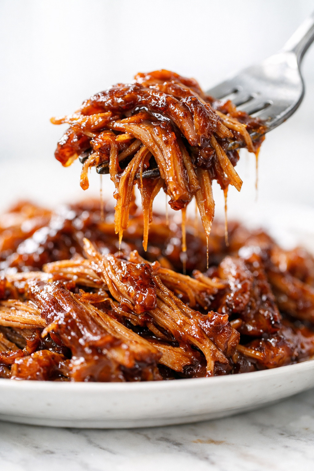 Close-up of tender shredded root beer pulled pork with glossy BBQ glaze