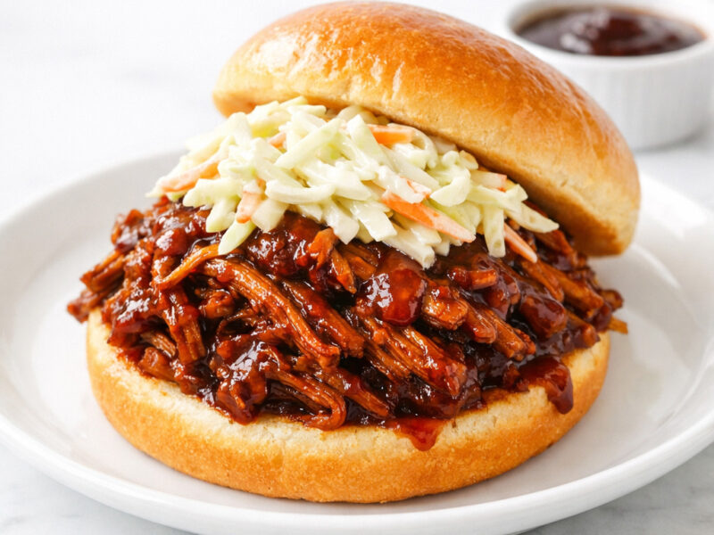 Root beer pulled pork sandwich on a brioche bun with coleslaw