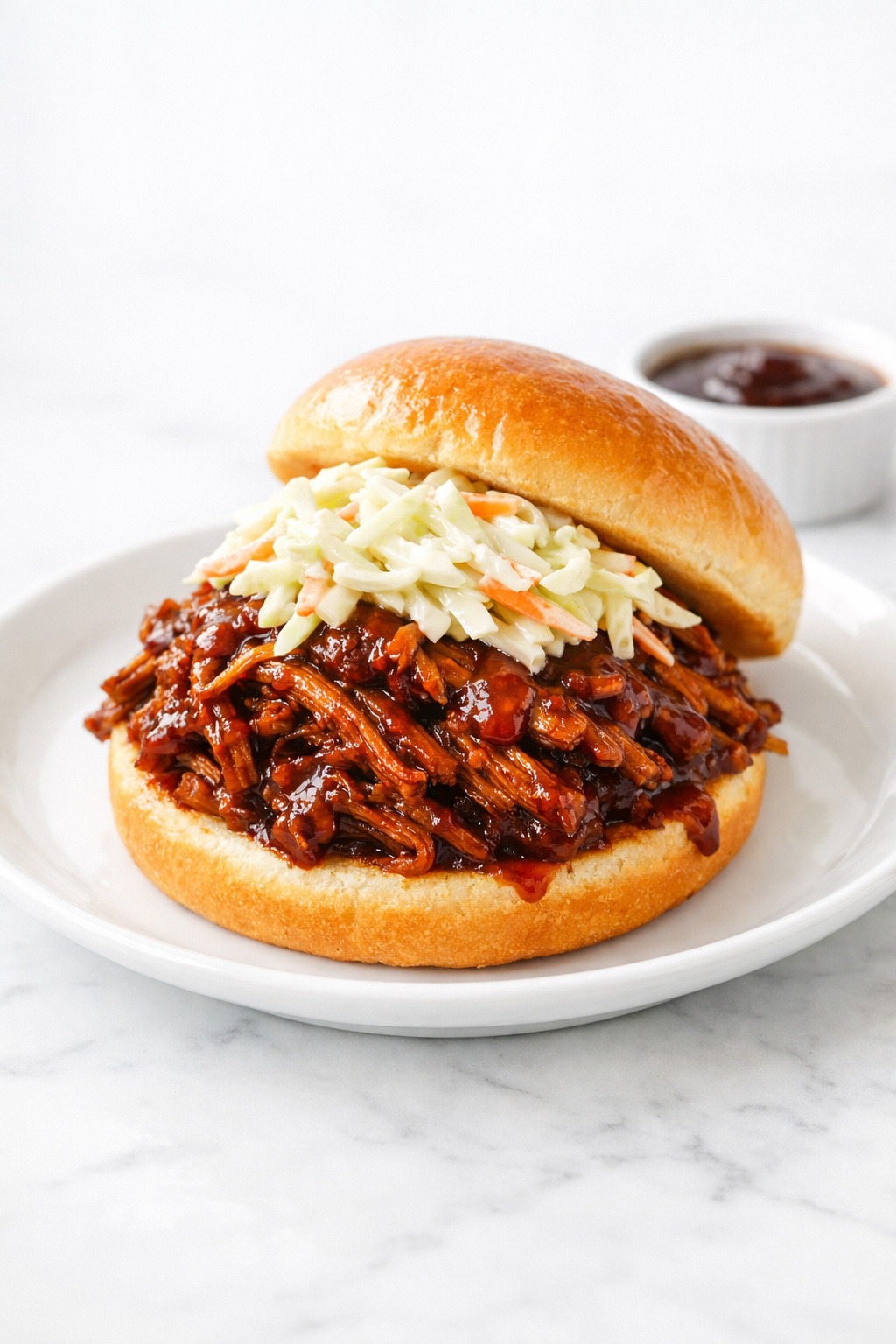 Root beer pulled pork sandwich on a brioche bun with coleslaw