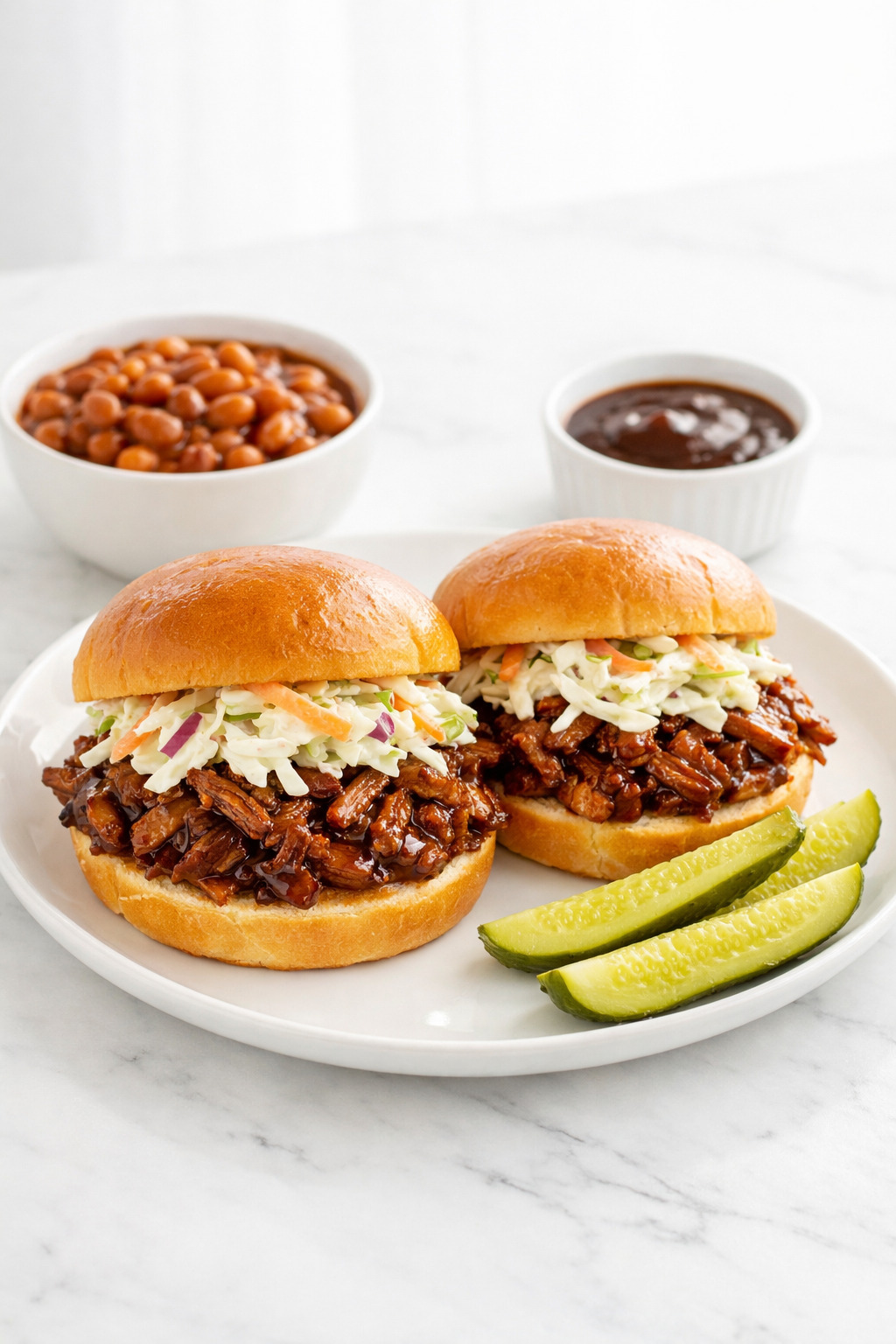 Root beer pulled pork sandwiches served with baked beans and pickles