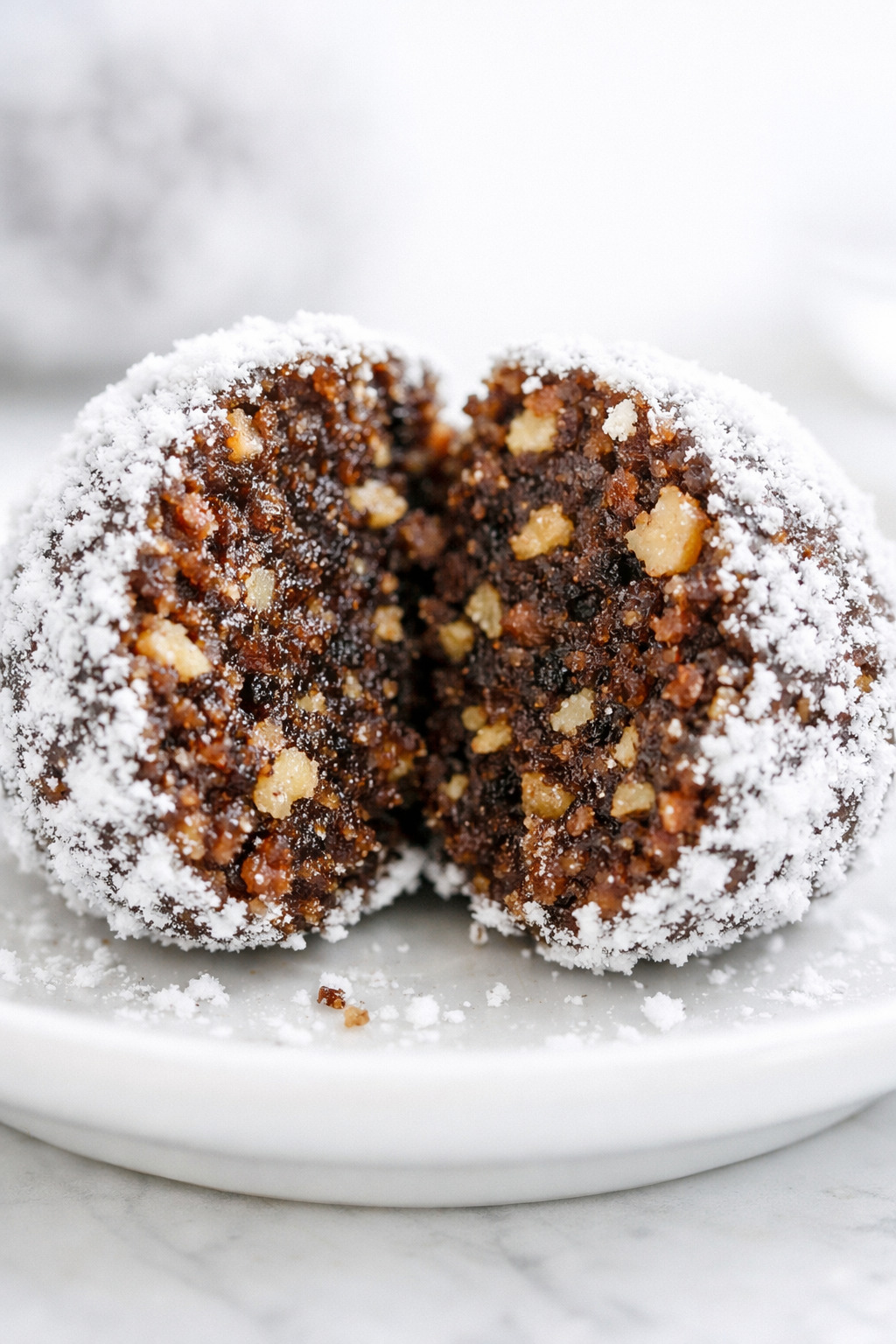 Close-up of a rum ball broken in half showing the fudgy interior