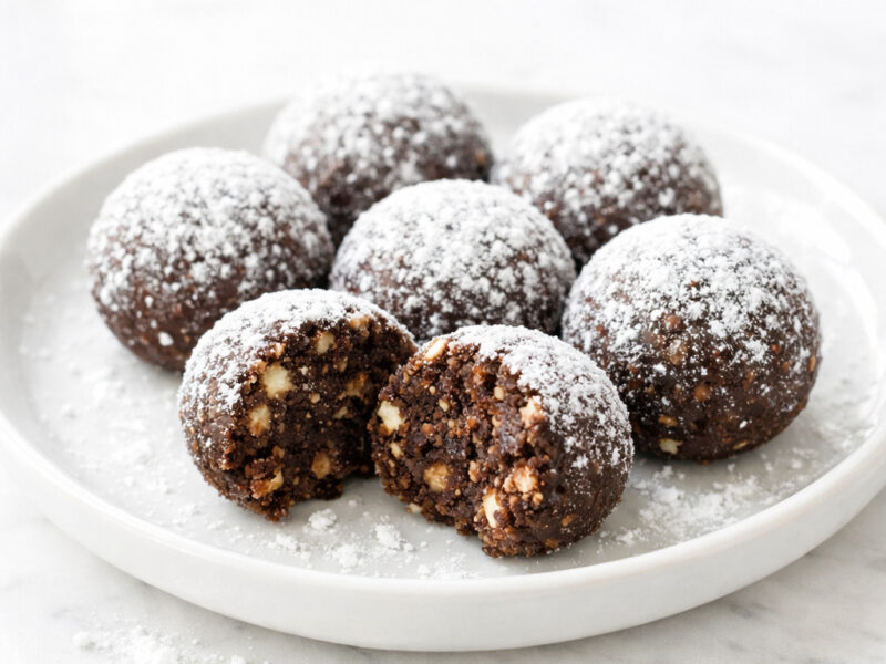 Rum balls coated in powdered sugar on a white ceramic plate