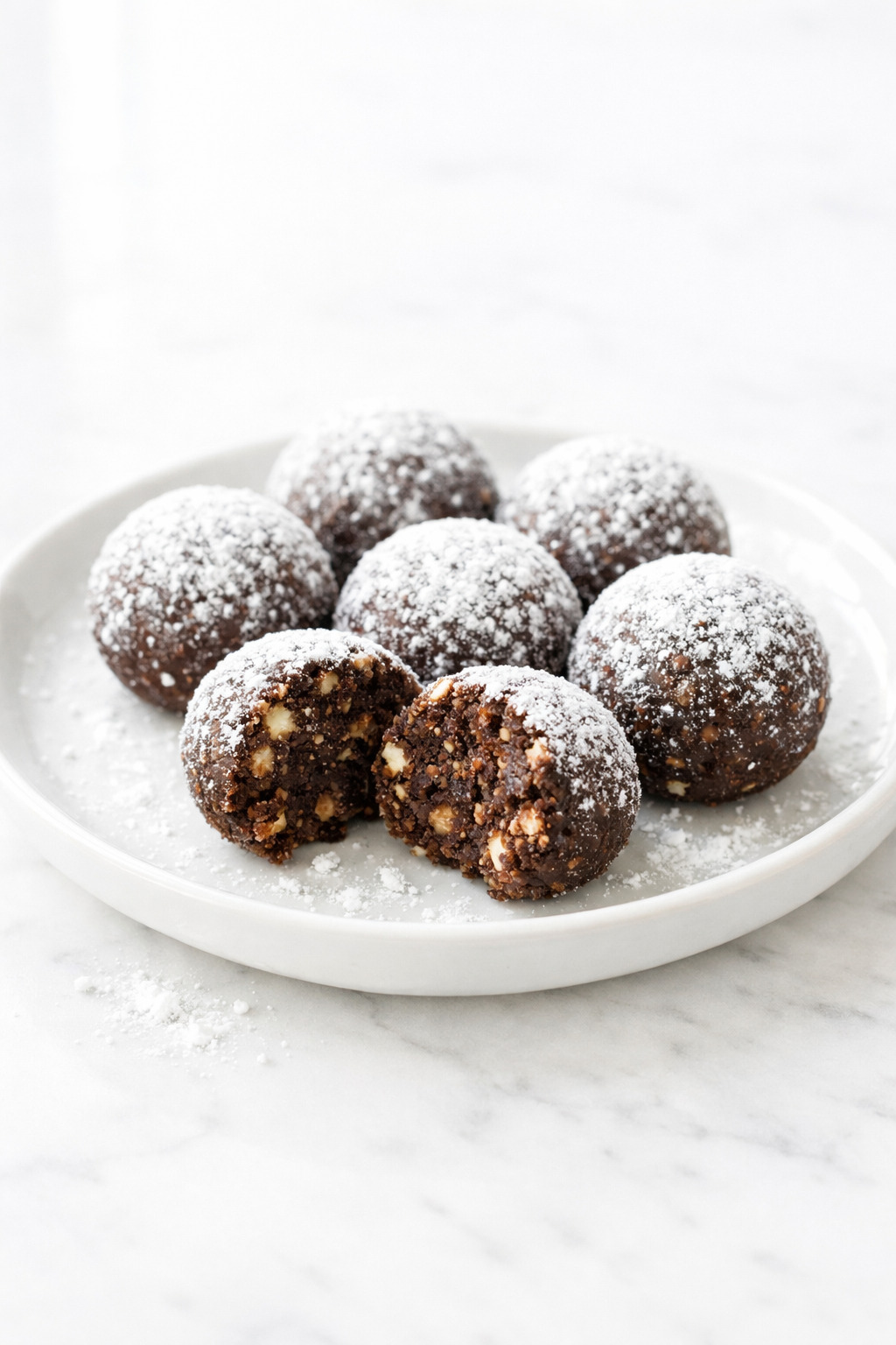 Rum balls coated in powdered sugar on a white ceramic plate