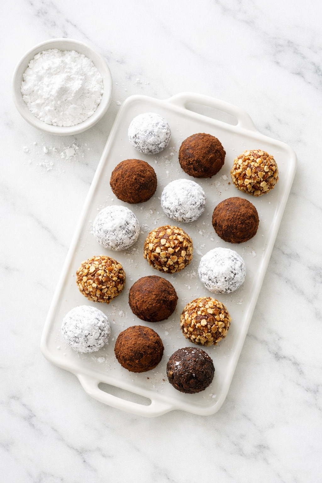 Overhead view of rum balls with different coatings on a white ceramic tray