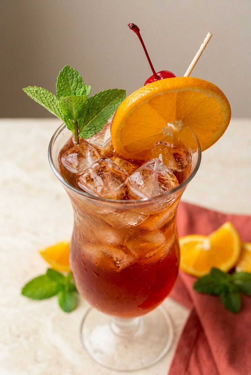 Close-up of a glass of rum punch with orange garnish, cherry, and condensation droplets
