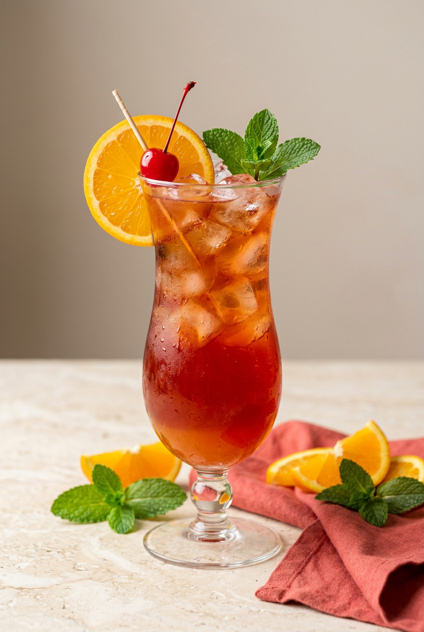Rum punch in a clear glass pitcher with ruby-red tropical cocktail, sliced oranges and cherries
