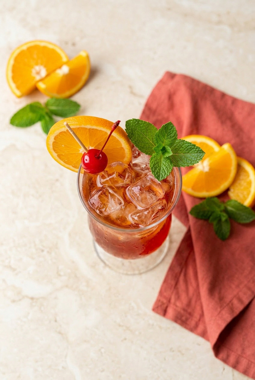 Overhead view of rum punch pitcher and glasses with tropical fruit garnishes on white marble
