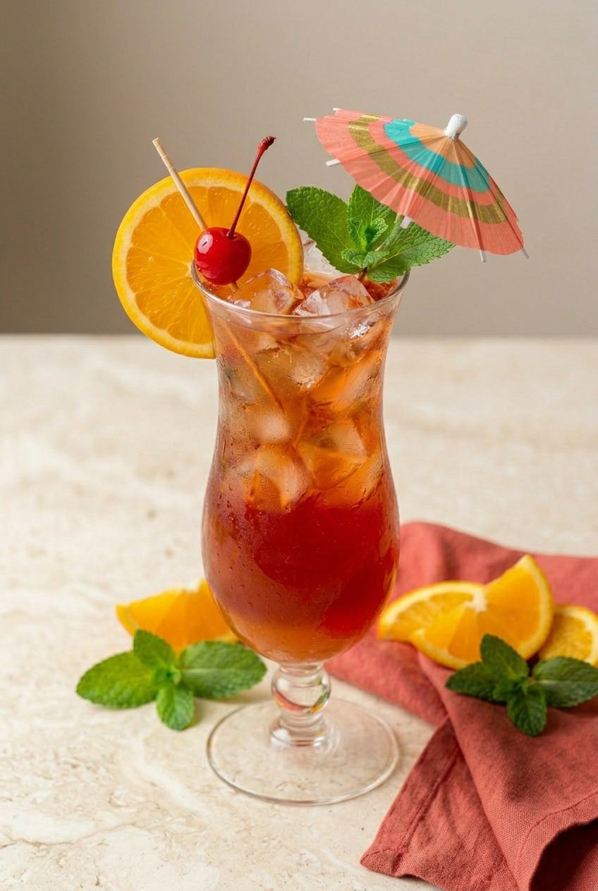 Rum punch glasses on a serving tray garnished with citrus slices and mint leaves