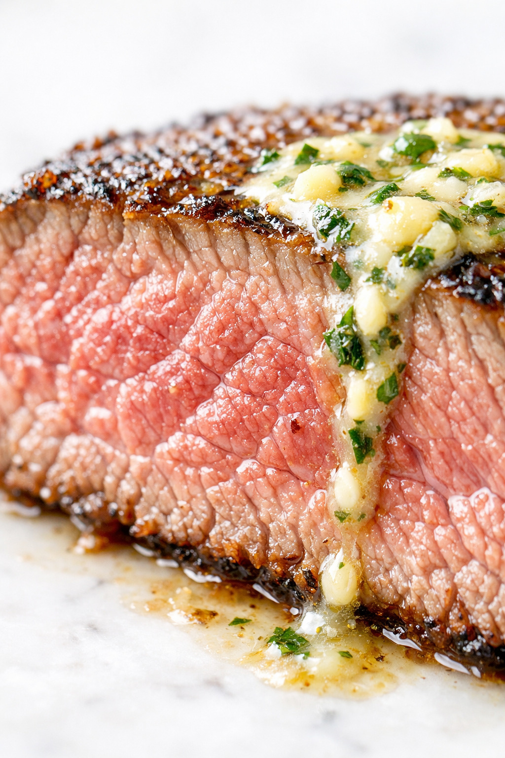 Closeup of sliced sirloin tip steak showing juicy medium-rare interior