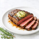 Pan-seared sirloin tip steak with garlic herb butter on a white plate