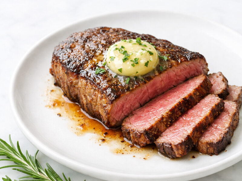 Pan-seared sirloin tip steak with garlic herb butter on a white plate